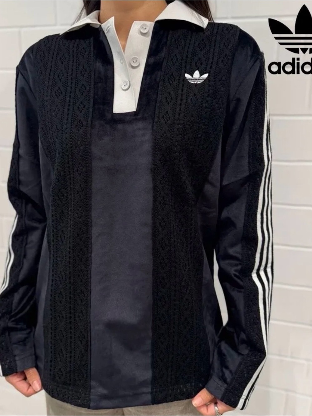 adidas Black Long Sleeve Rugby Polo with White Collar & Stripes